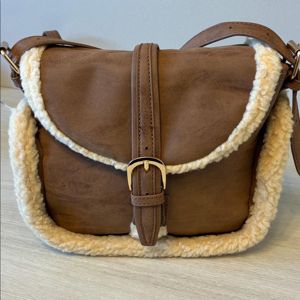 Brown Shearling Trim Crossbody Bag faux suede faux fur